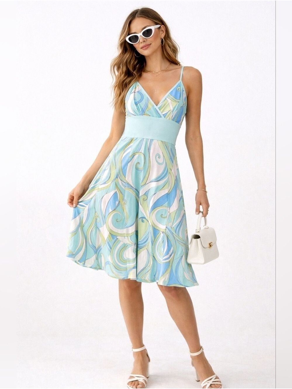 LULY K Retro Swirl Print Dress Small Aqua Blue Spaghetti Strap Empire Waist